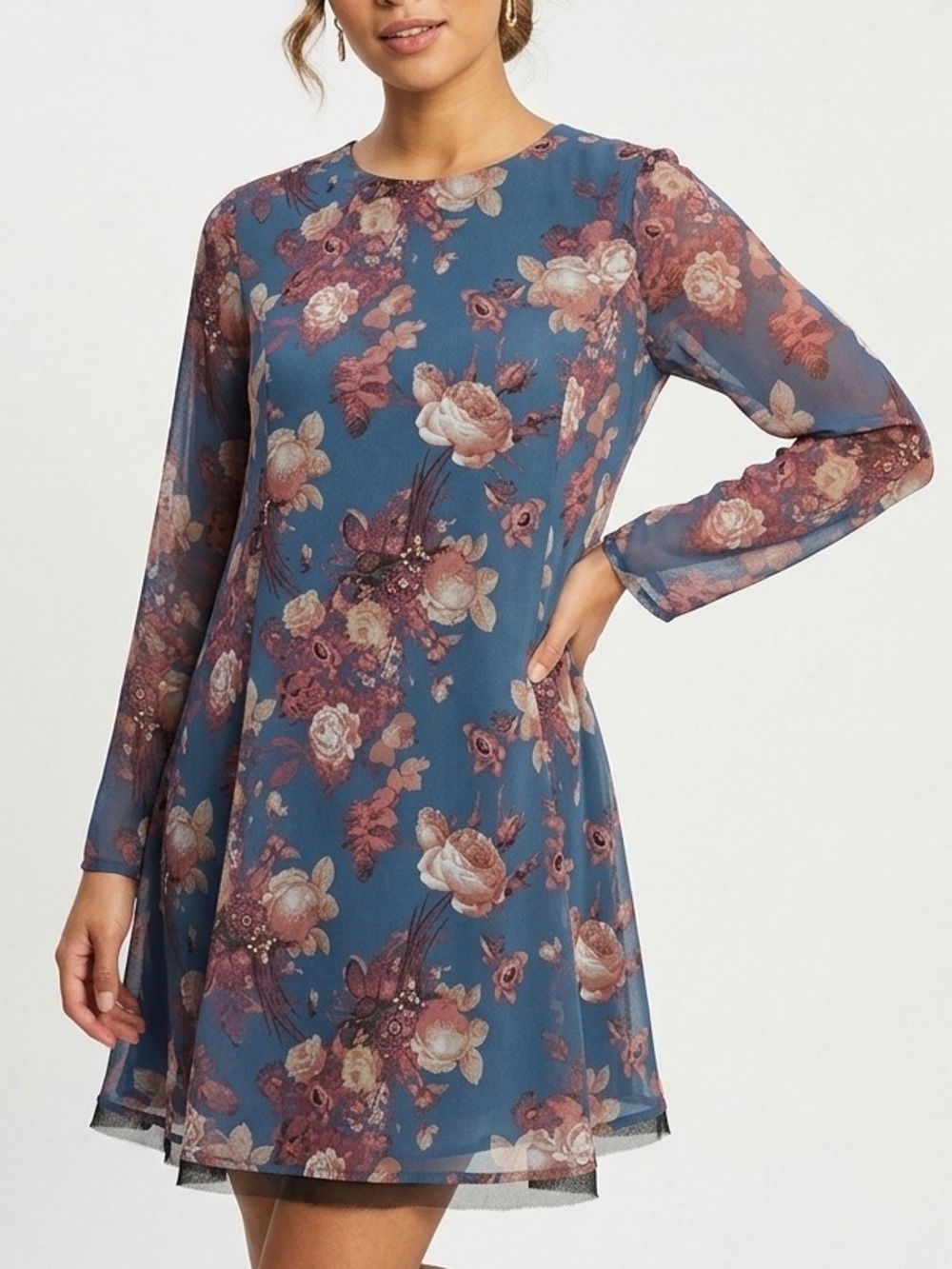 Kimchi Blue Boho Floral Chiffon Long Sleeve Open Back Mini Swing Dress Size S